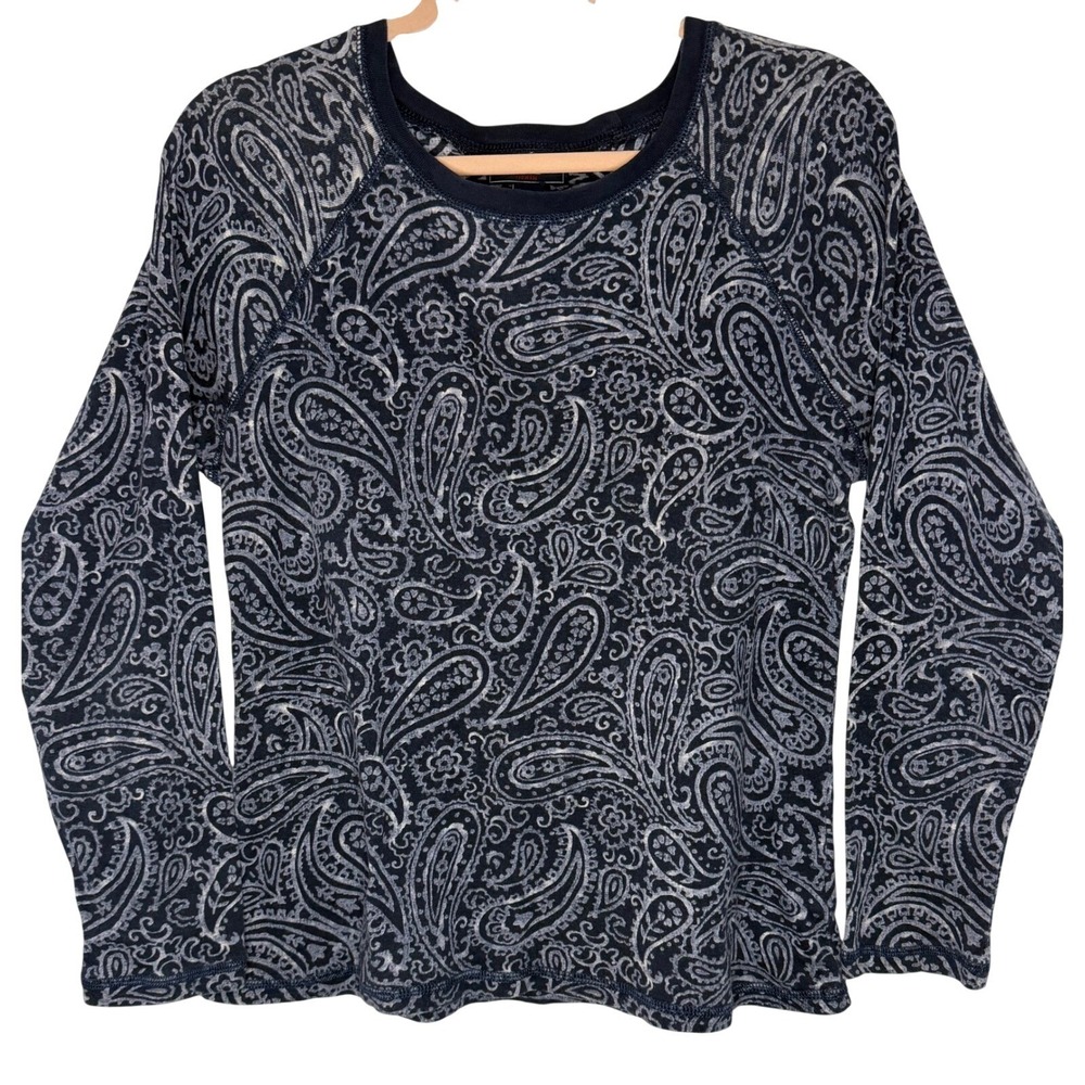 Chaps Denim Top Womens Large Navy Blue Paisley Print Cotton Raglan Long Sleeve